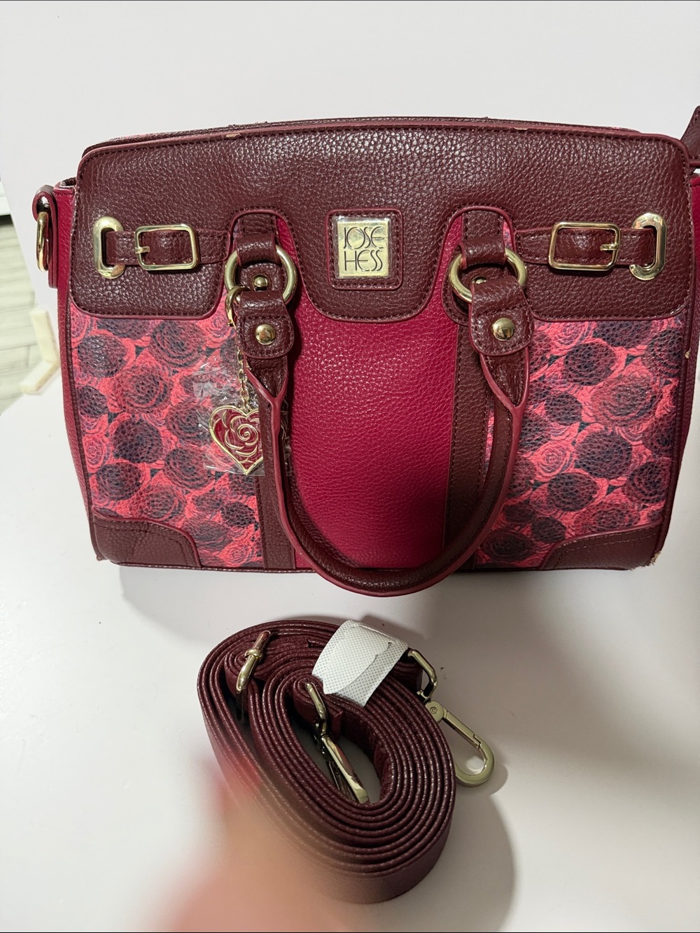 Jose Hess Burgundy & Pink Patterned Satchel